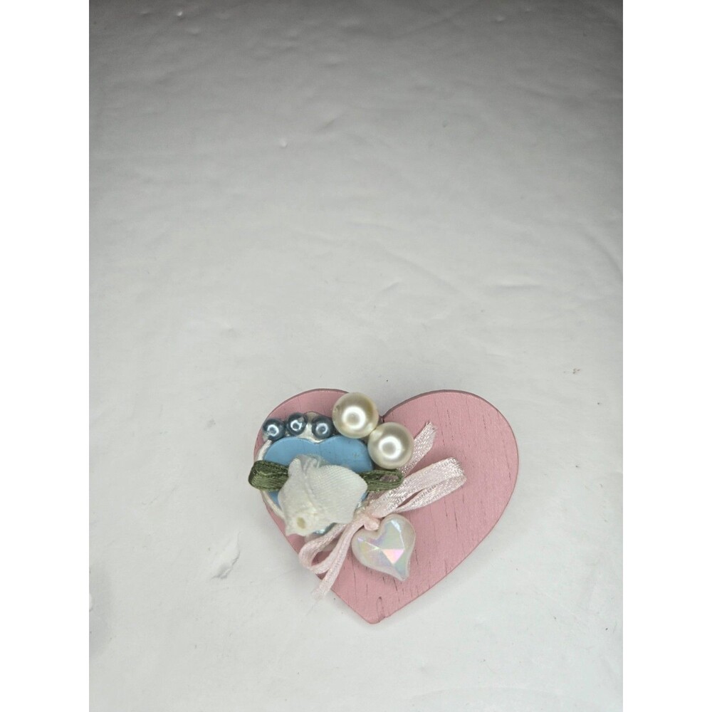 Vintage Wooden Brooch Pin Pink Heart with Floral Accents Ribbon Pearls Chipped